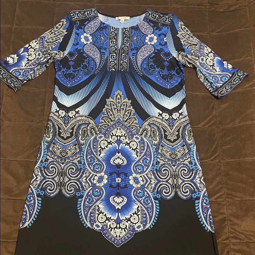 Sandra Darren Blue and Black Paisley Patterned Dress Sz 12